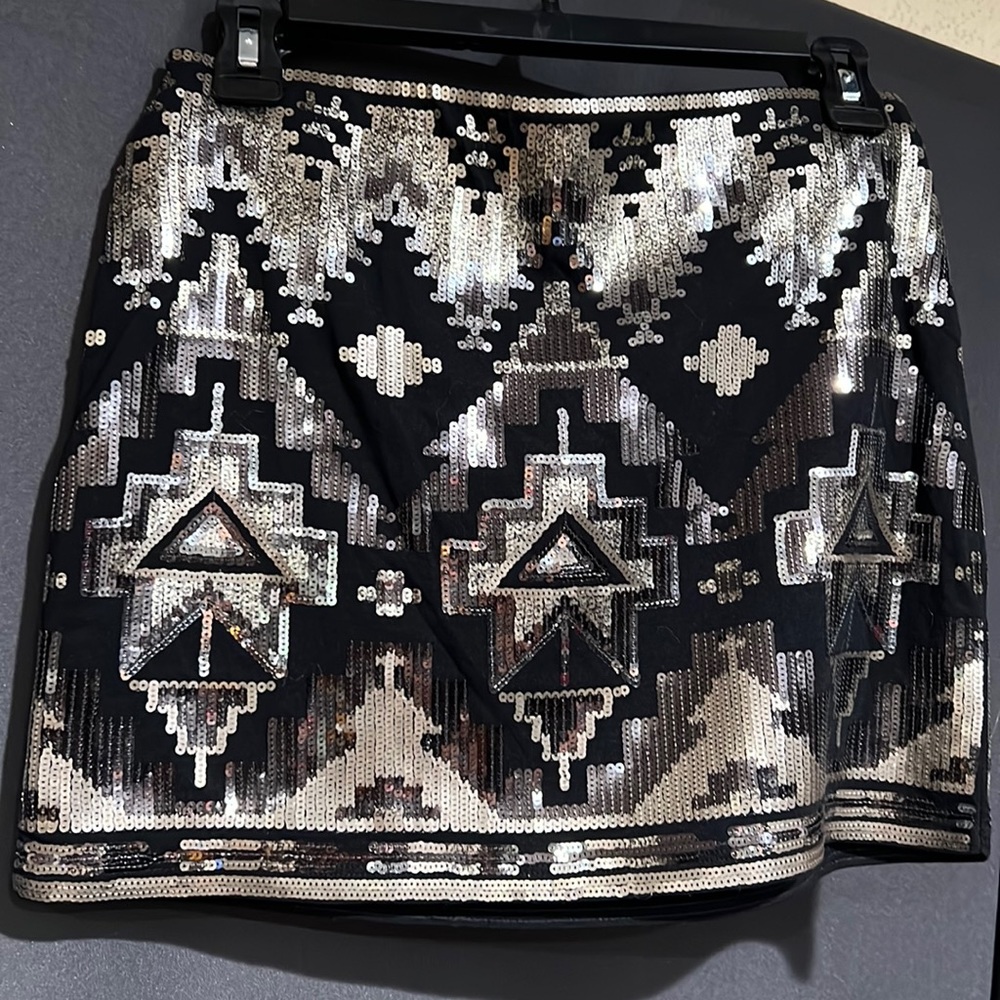 Express black and silver tribal Aztec sequin mini skirt